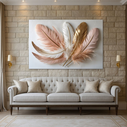 Blush & Gold Feather Wall Art – Flat Canvas Print for Elegant Modern Interiors