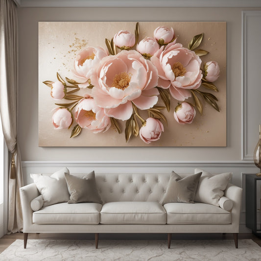 Blush Pink Peony Wall Art – Flat Canvas Print with Gold Leaf Accents for Elegant Home Décor
