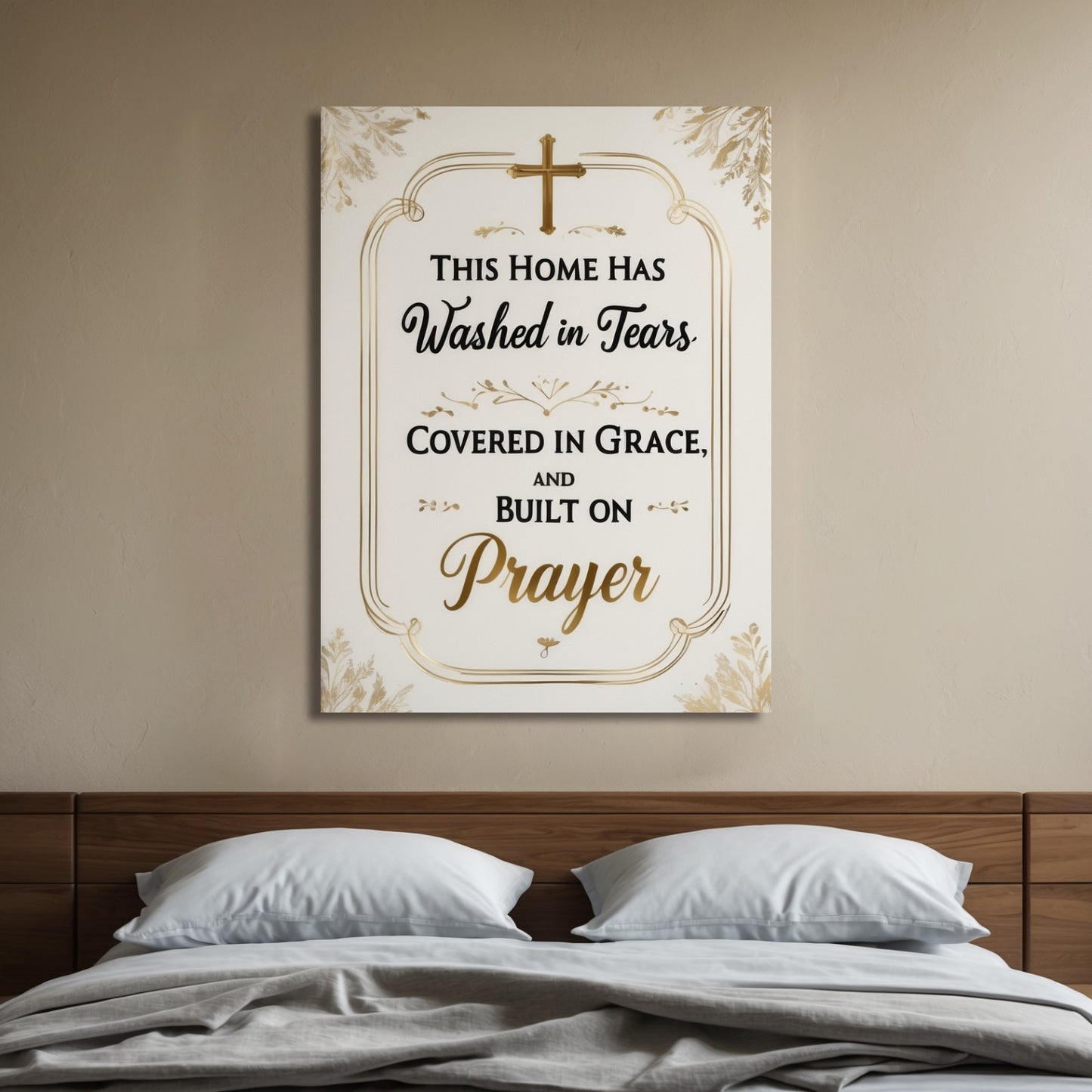 Built on Prayer – Elegant Gold & White Christian Wall Art for the Faith-Filled Home