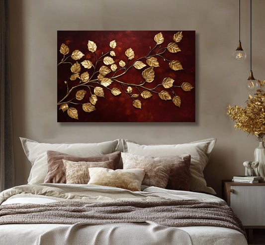 Burgundy Gold Leaf Branch Canvas – Elegant Wall Art for Refined Interiors