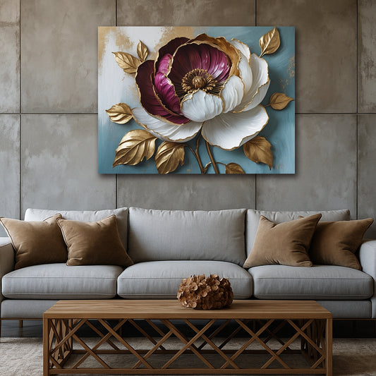 Burgundy & Ivory Peony Canvas Print – Elegant Floral Wall Art with Textured-Look (Flat Canvas)