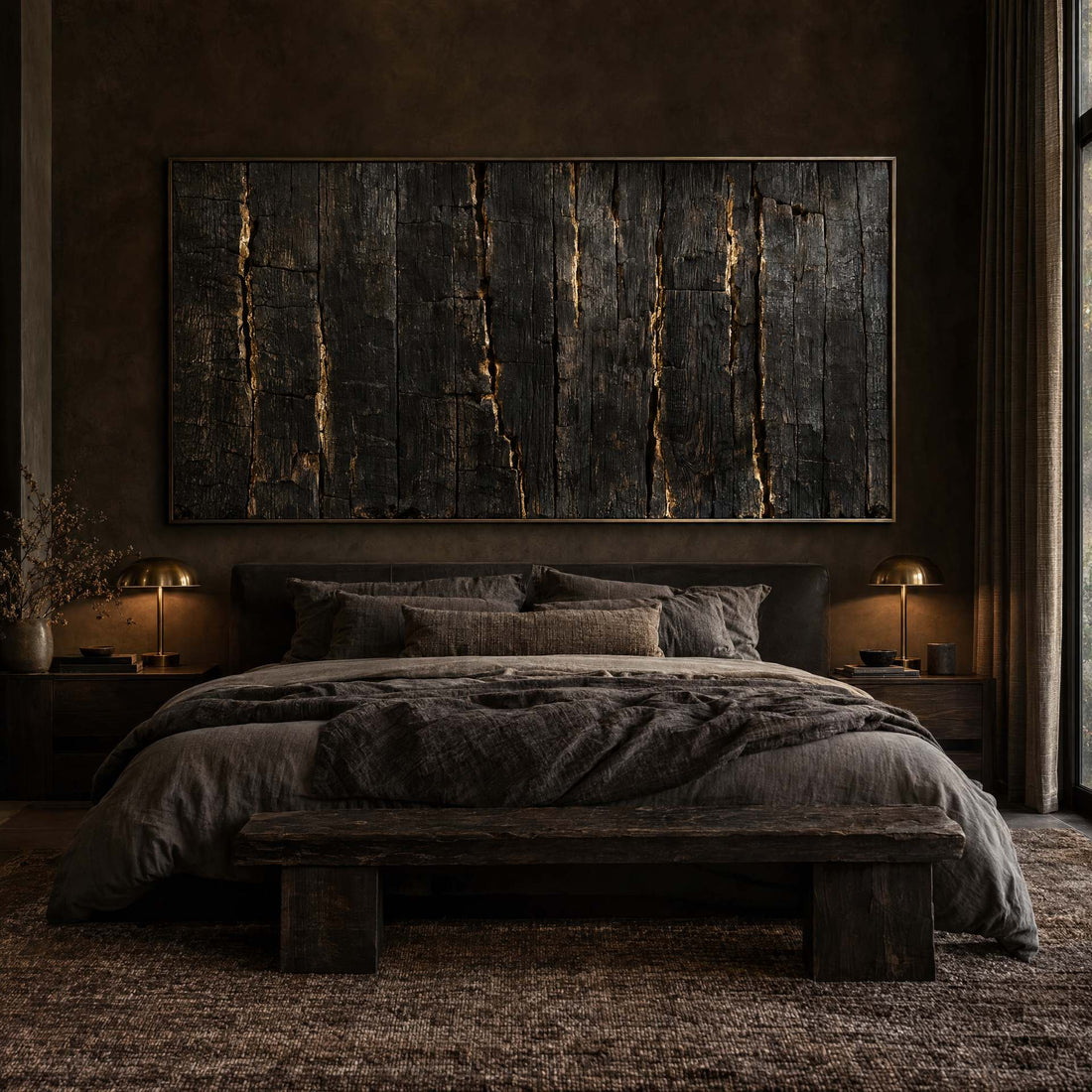 Charred timber canvas with gold veins above a bed