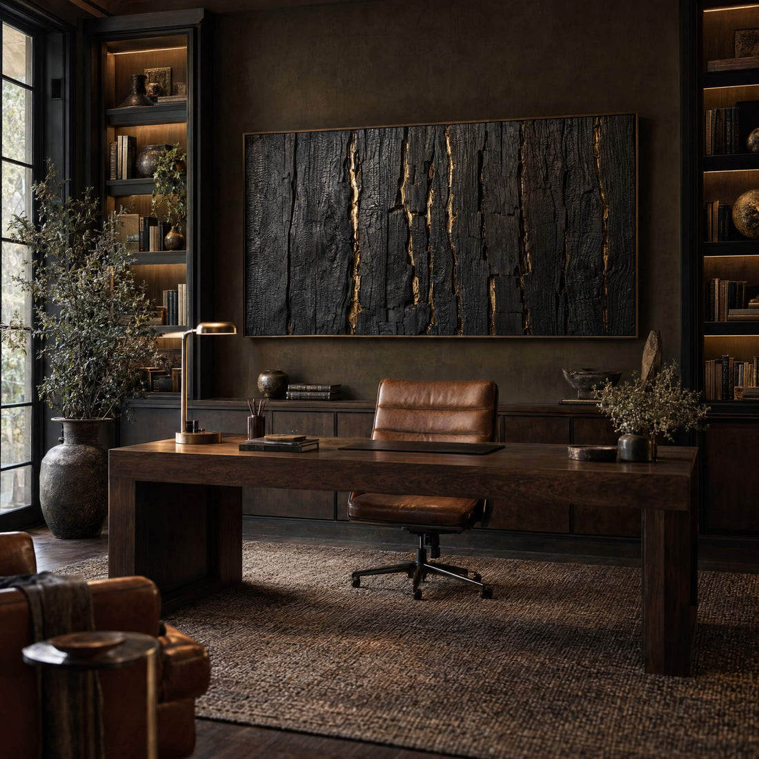 Charred timber canvas with gold veins on a study wall