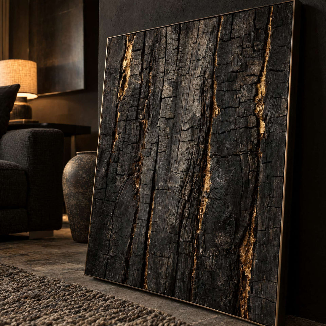 Close-up of the charred timber grain and the gold in the splits