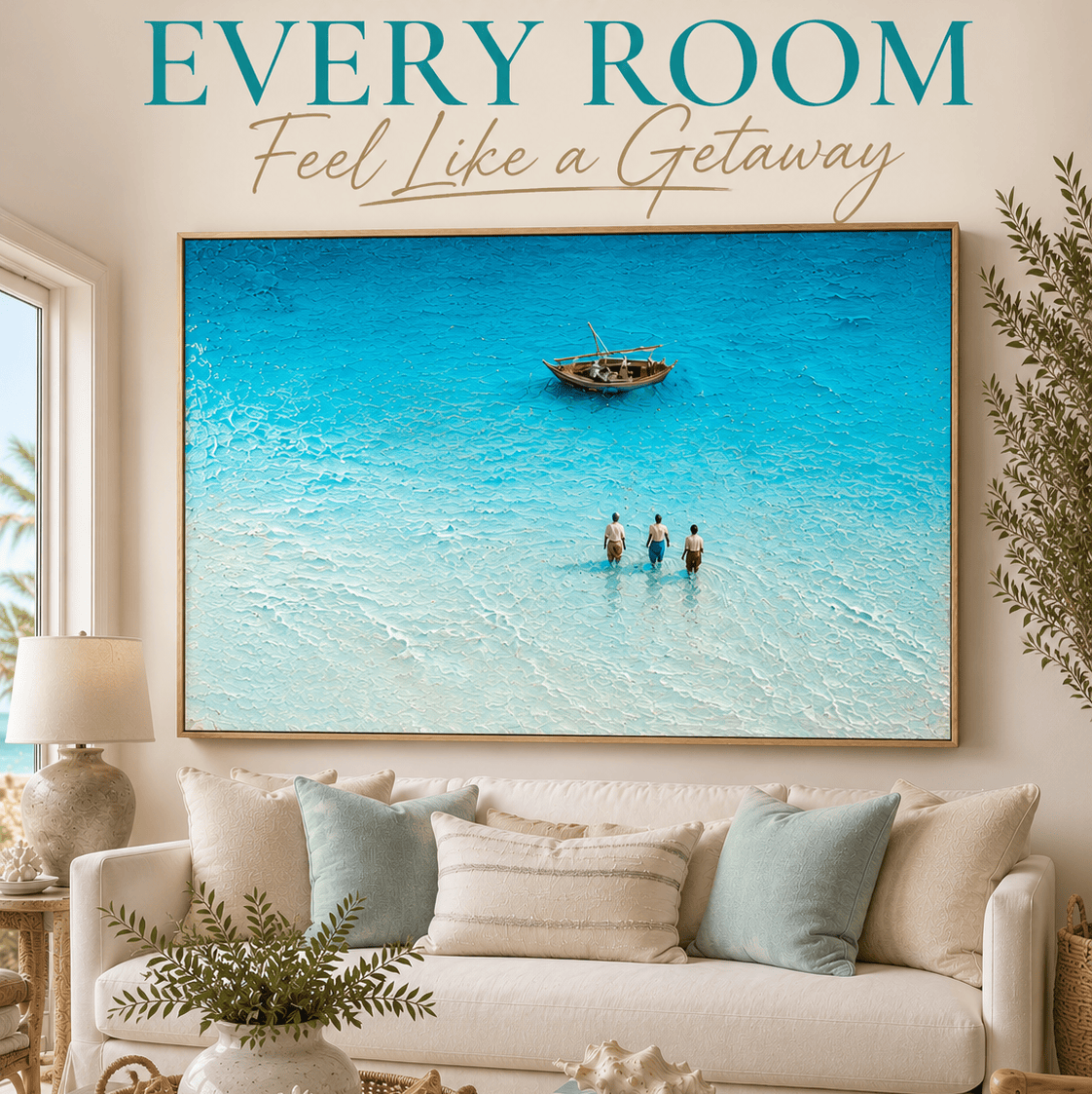 Ocean Wall Art | Turquoise Beach Canvas | Hand-Embellished Coastal Painting | Large Aerial Seascape Statement Piece