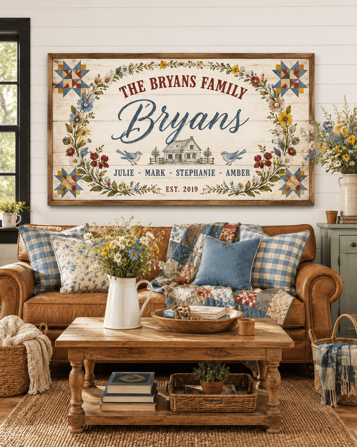 Personalized quilt block family name canvas with wildflower garland, bluebirds and farmhouse on whitewashed shiplap, hung above a sofa