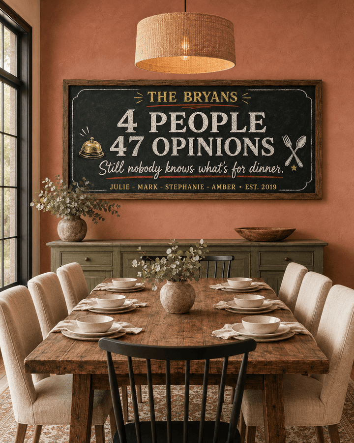 Personalized funny family chalkboard kitchen sign canvas with family name, headcount joke, first names and established date, hung above a sideboard