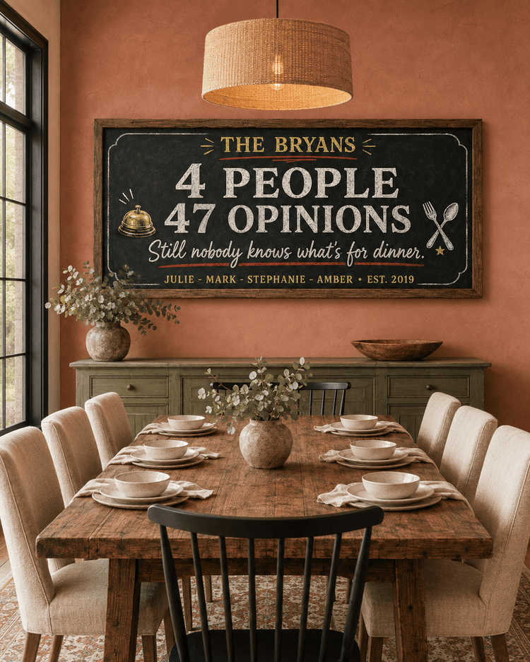 Personalized funny family chalkboard kitchen sign canvas with family name, headcount joke, first names and established date, hung above a sideboard