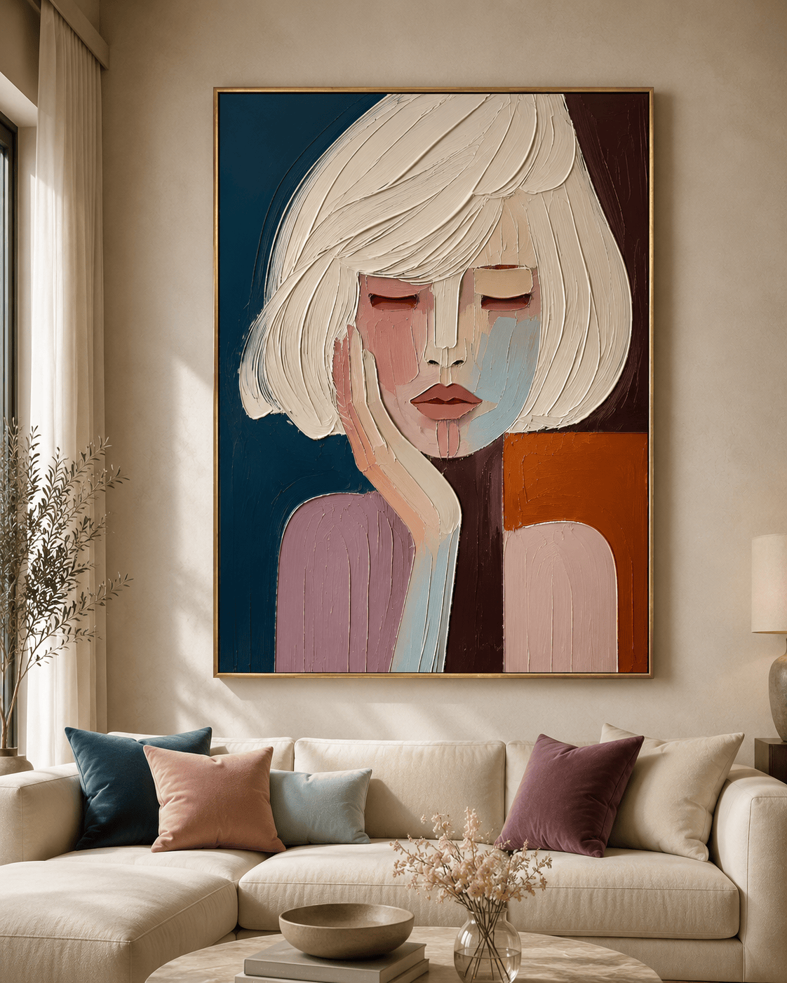 Quiet Reverie hand painted textured portrait canvas above a cream sofa