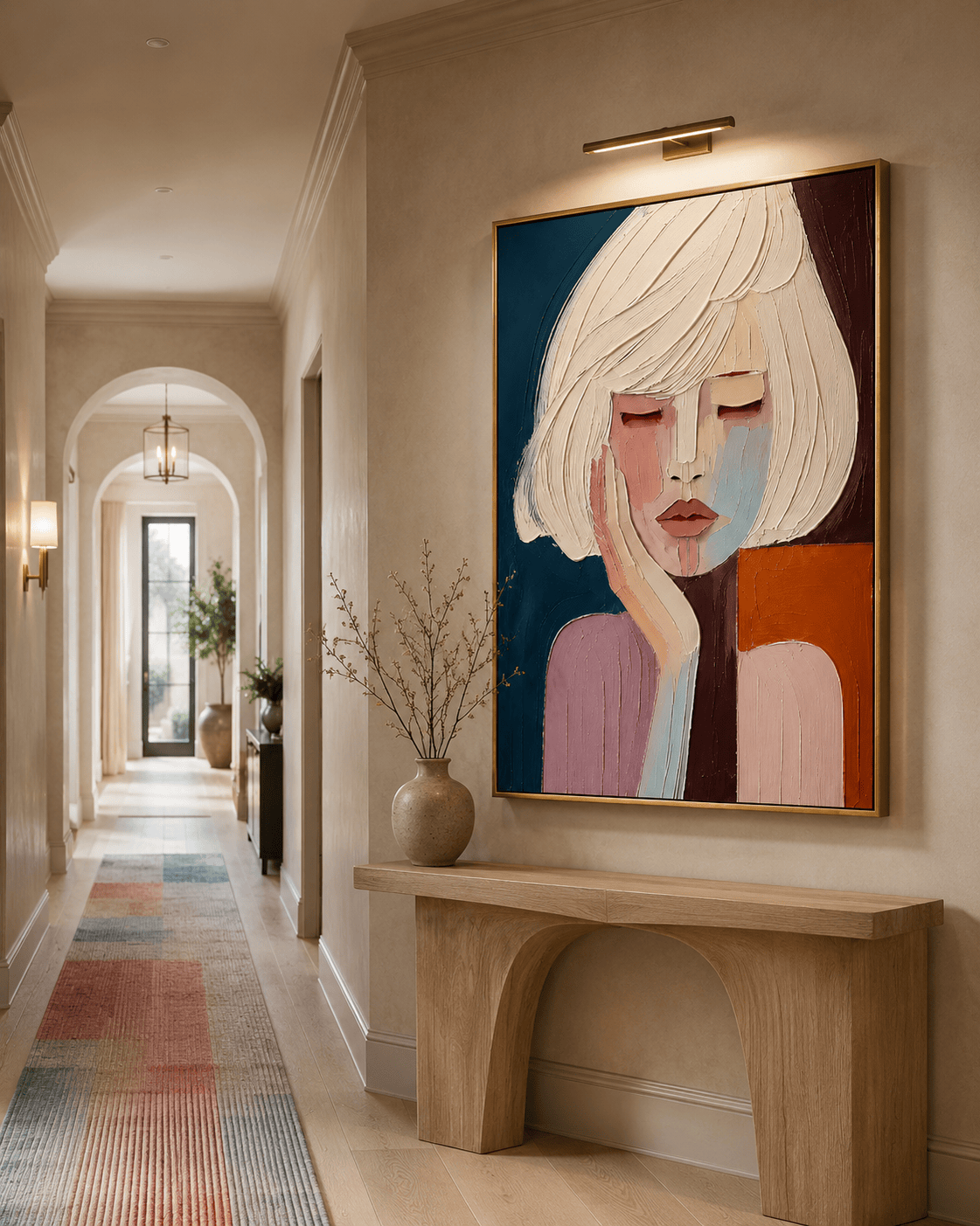 Quiet Reverie canvas in a hallway above an oak console, lit from above