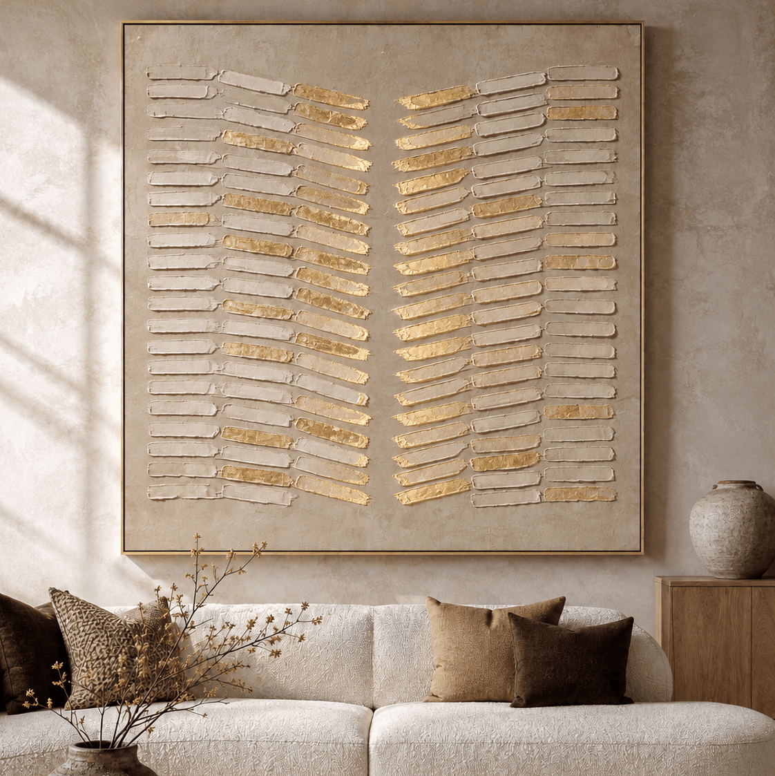 Gilded Reed hand painted wabi-sabi canvas above a cream sofa