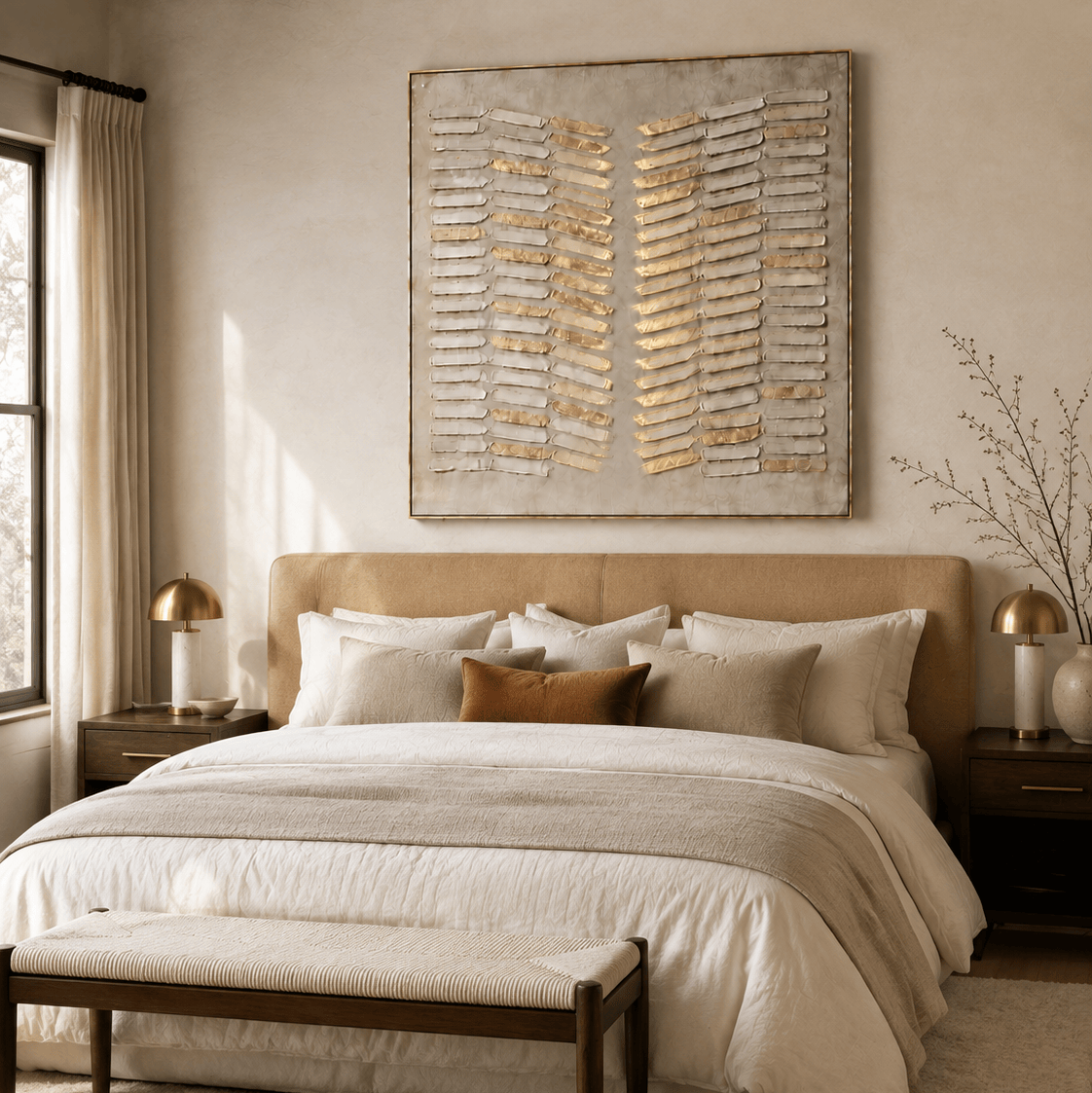Gilded Reed canvas hanging above a bed in a warm neutral bedroom