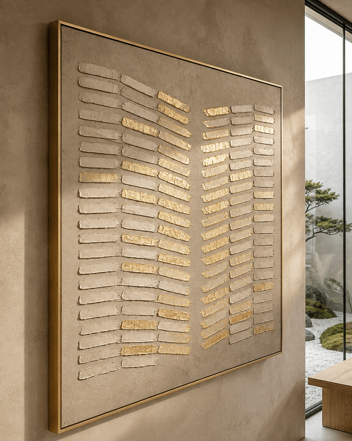 Gilded Reed wabi-sabi canvas, raised plaster relief with gold leaf