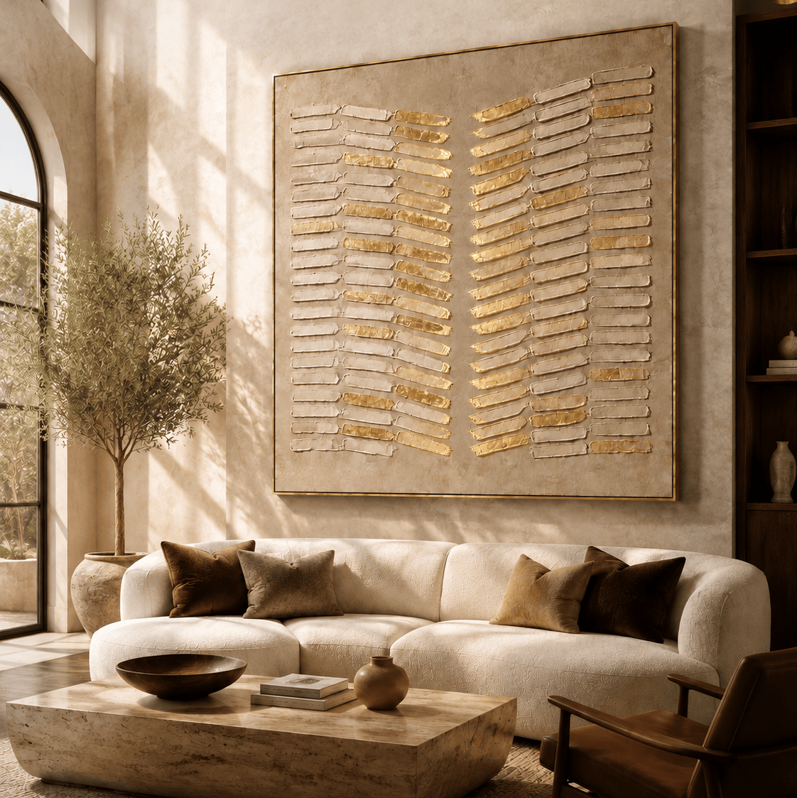 Hand Painted Wabi-Sabi Canvas Wall Art, Cream and Gold Leaf Large Square – Gilded Reed