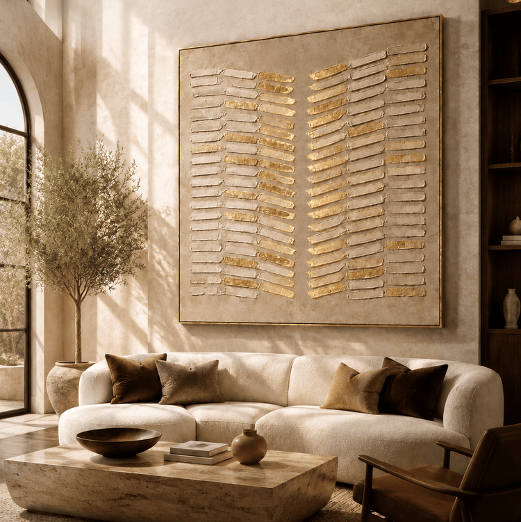 Hand Painted Wabi-Sabi Canvas Wall Art, Cream and Gold Leaf Large Square – Gilded Reed
