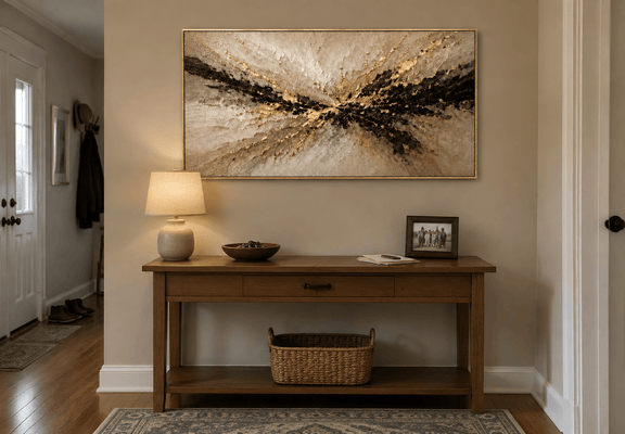 Monique M. at home with her Gilded Burst canvas hanging above the entryway console