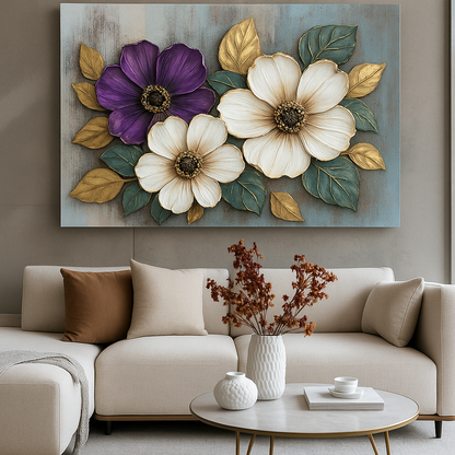 Floral Bloom Wall Art – Elegant Red and White Flower Canvas with Gold Leaves