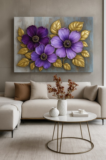 Floral Bloom Wall Art – Elegant Red and White Flower Canvas with Gold Leaves