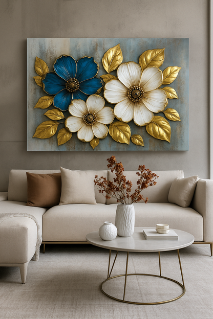 Floral Bloom Wall Art – Elegant Red and White Flower Canvas with Gold Leaves
