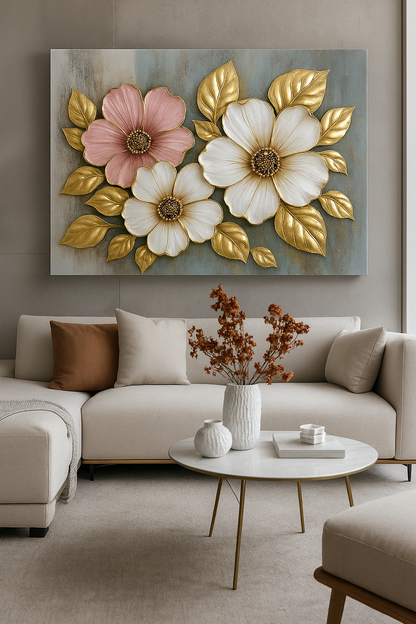 Floral Bloom Wall Art – Elegant Red and White Flower Canvas with Gold Leaves
