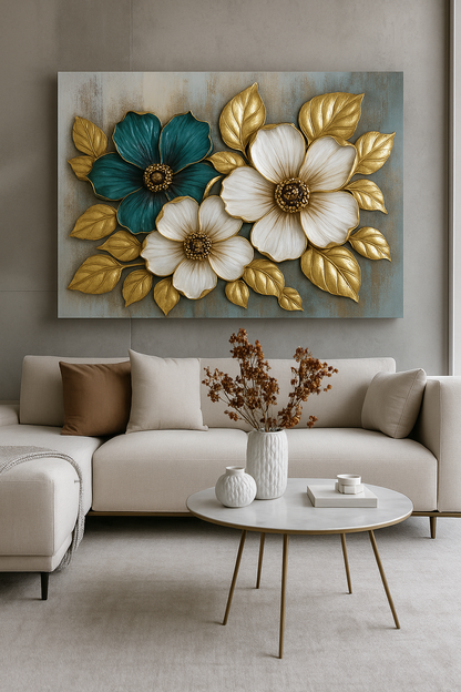 Floral Bloom Wall Art – Elegant Red and White Flower Canvas with Gold Leaves