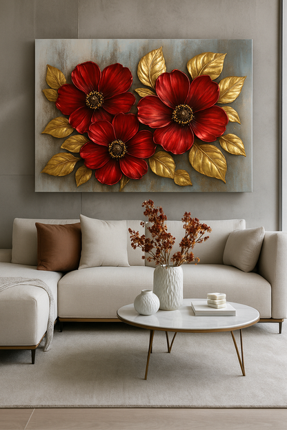 Floral Bloom Wall Art – Elegant Red and White Flower Canvas with Gold Leaves