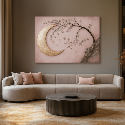 Enchanted Moonrise Wall Art – Crescent Moon and Blossoming Branch Canvas