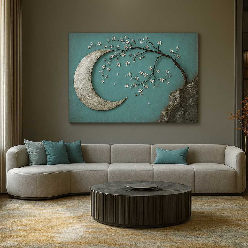 Enchanted Moonrise Wall Art – Crescent Moon and Blossoming Branch Canvas