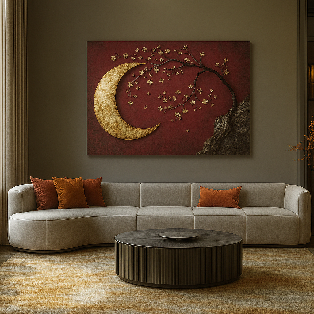 Enchanted Moonrise Wall Art – Crescent Moon and Blossoming Branch Canvas