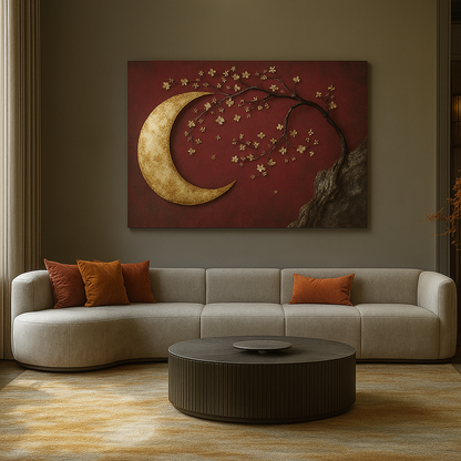 Enchanted Moonrise Wall Art – Crescent Moon and Blossoming Branch Canvas