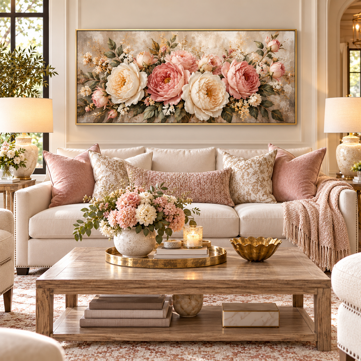 Pink and cream garden rose panoramic canvas above a sofa in a cream living room