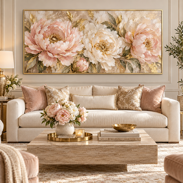 Pink and gold peony panoramic canvas above a cream sofa in a panelled living room