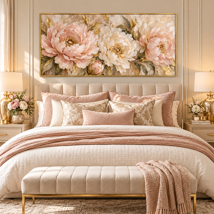 Pink and gold peony canvas in a styled living room
