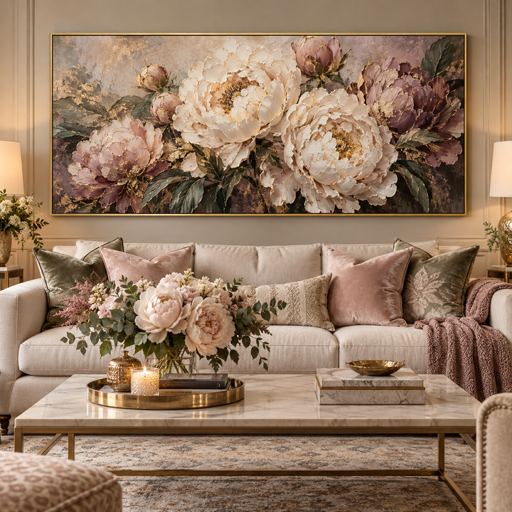 Mauve and cream peony panoramic canvas above a sofa in a warm living room