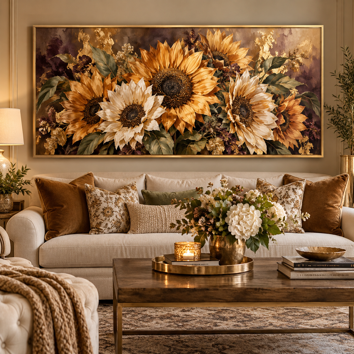 Bronze and plum sunflower panoramic canvas above a sofa in a warm living room