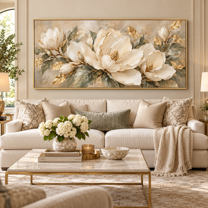White magnolia panoramic canvas above a sofa in a cream living room