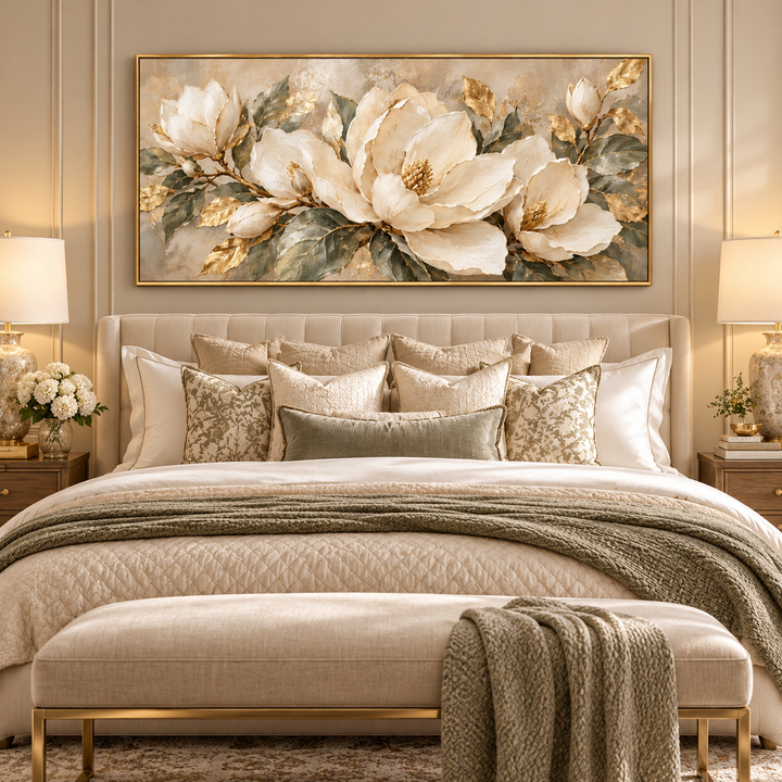 White magnolia panoramic canvas above the bed in a neutral bedroom