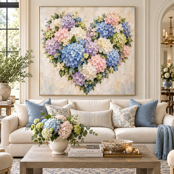 Hydrangea heart wall art in blue, pink and cream hanging above a cream sofa in a bright living room