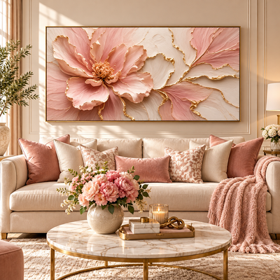 Panoramic blush peony canvas with gold leaf petal edges above a cream sofa in a pink and gold living room