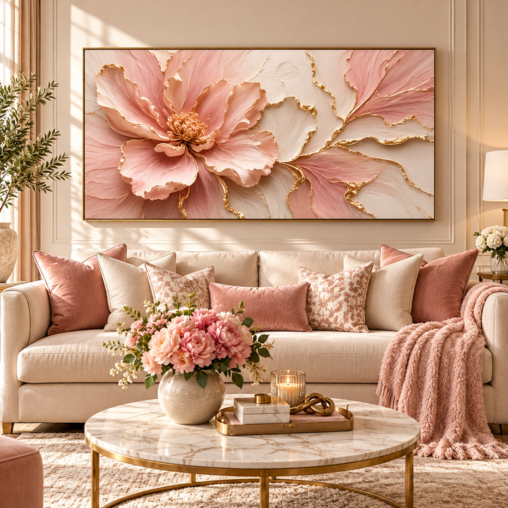 Panoramic blush peony canvas with gold leaf petal edges above a cream sofa in a pink and gold living room