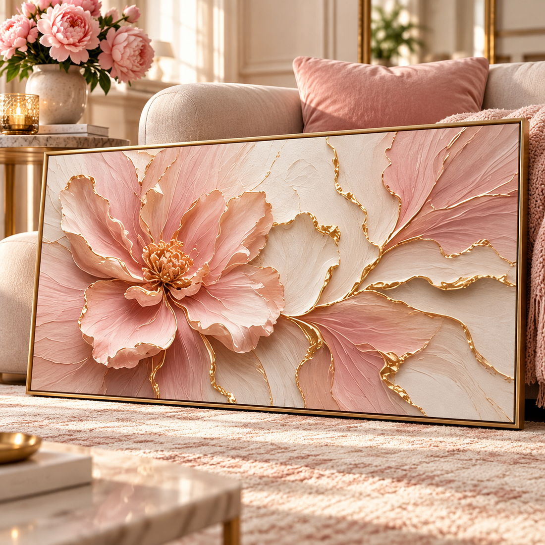 Close view of the peony canvas resting against a sofa, showing the raised gold leaf petal edges