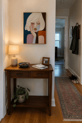 Jenny J. at home with her Quiet Reverie canvas hanging in the hallway