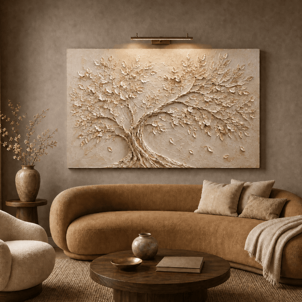 Ivory Canopy hand painted tree of life canvas above a caramel sofa in a warm neutral living room