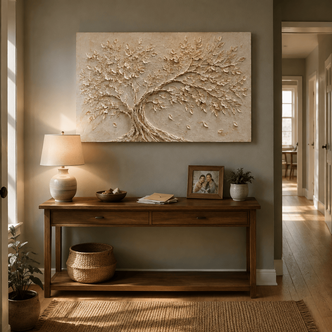 Ivory Canopy tree of life canvas above a wooden console table in an entryway