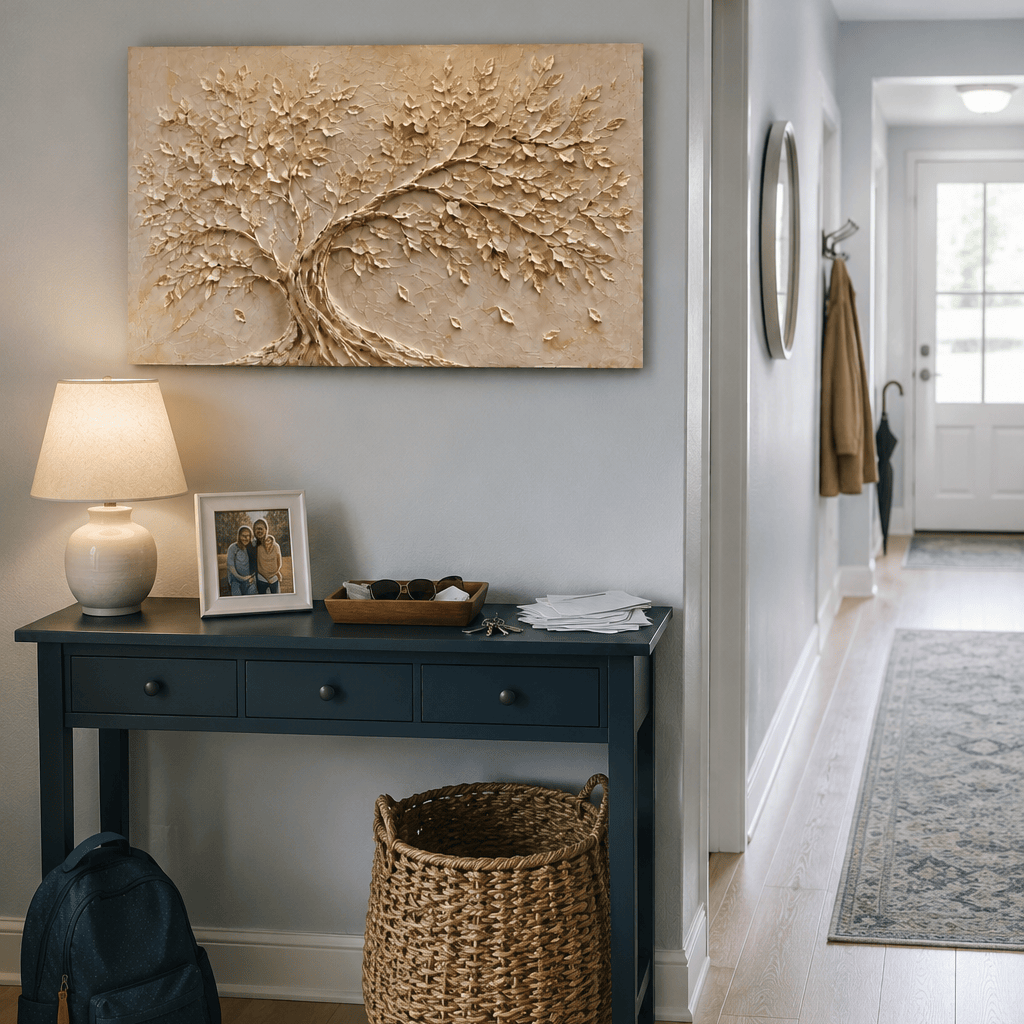 Ivory Canopy canvas above a navy console table in a bright hallway