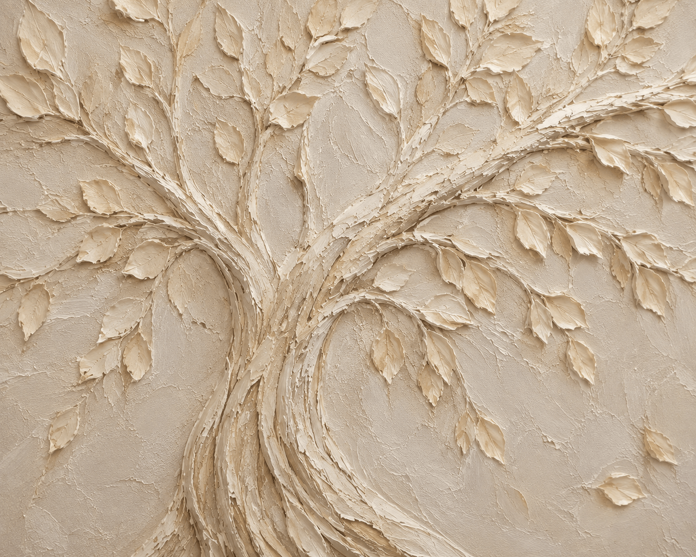 Close detail of the sculpted plaster leaves and branches on Ivory Canopy, showing the raised hand painted texture