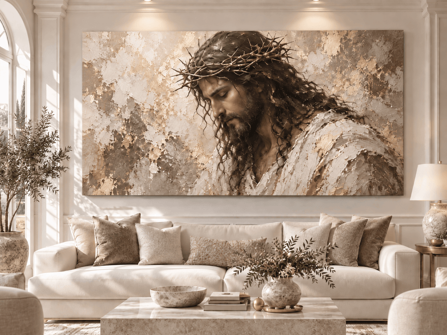 Crown of Thorns panoramic canvas of Jesus Christ above a sofa in a sunlit living room