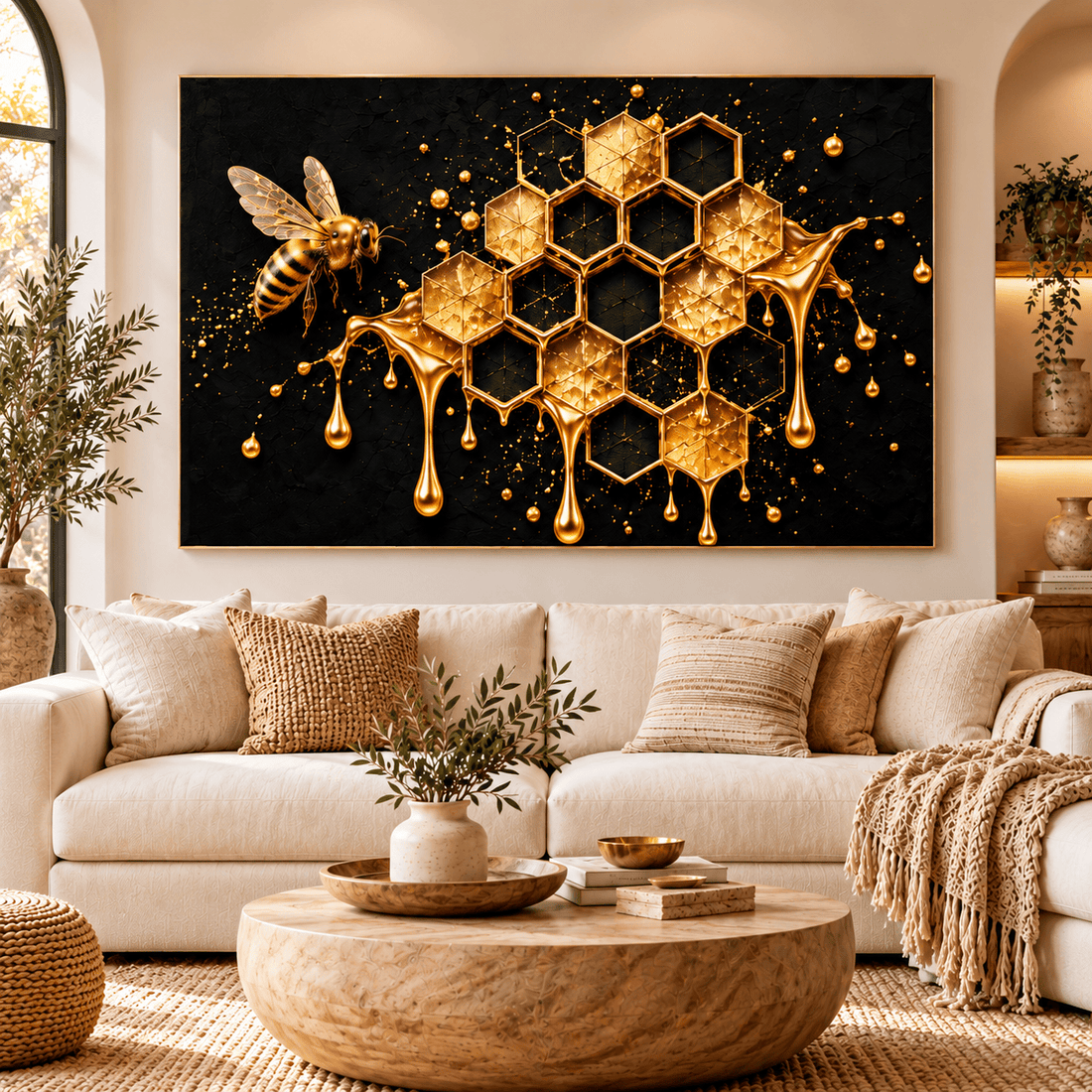 Gold bee and honeycomb wall art on black canvas above a cream sofa in a neutral living room