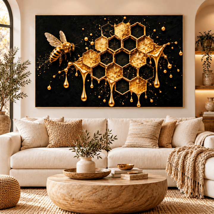 Gold bee and honeycomb wall art on black canvas above a cream sofa in a neutral living room
