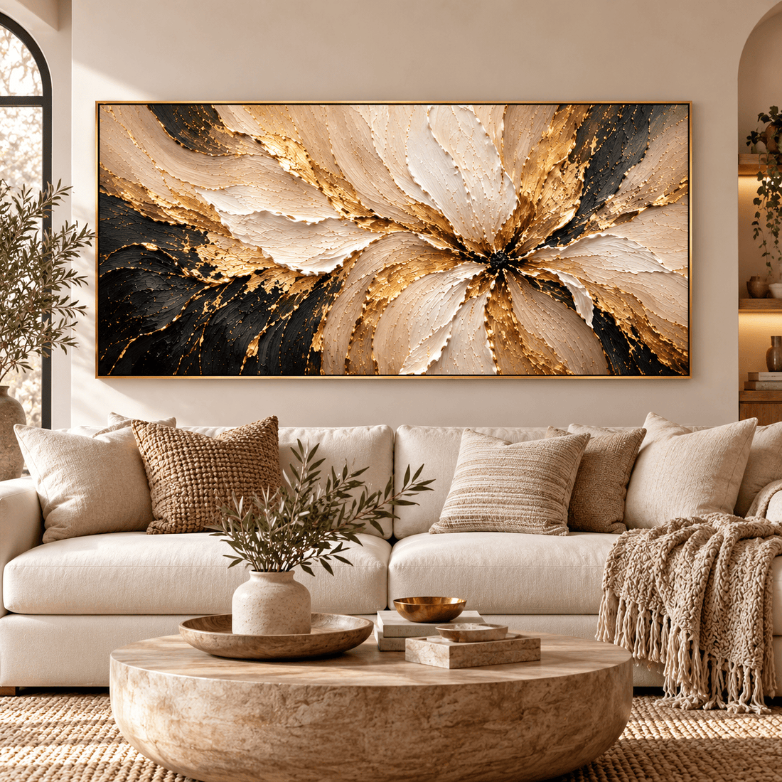 Oversized gold and cream textured flower canvas in a warm neutral living room